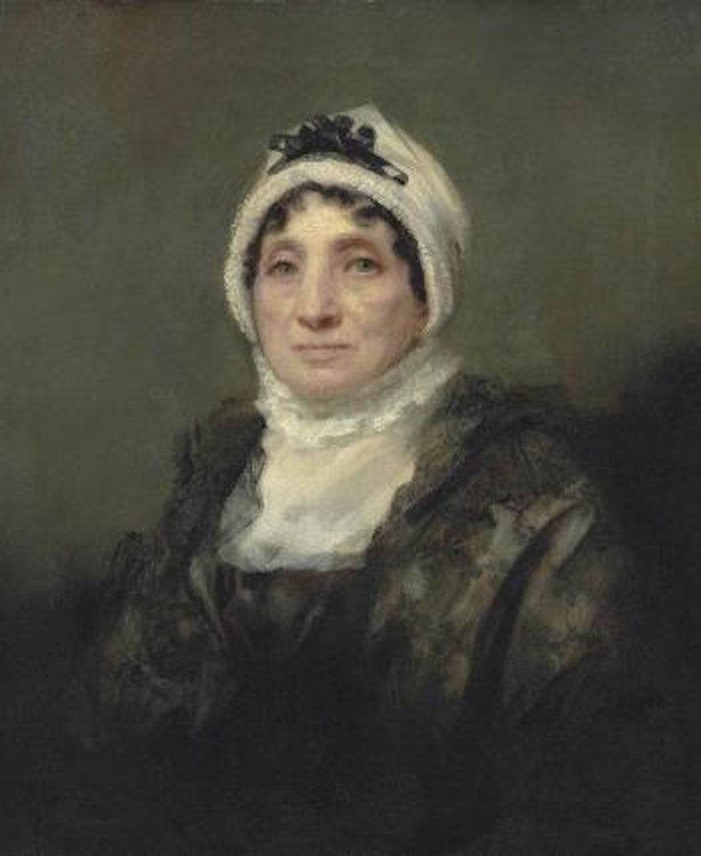 Portrait of a lady, traditionally identified as Mrs. Balfour, half-length, in a black dress with a white bonnet by Henry Raeburn