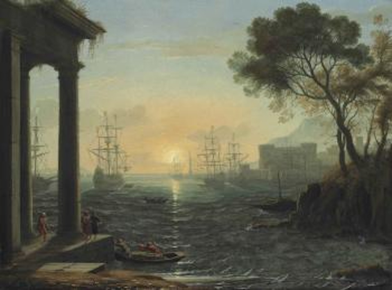 A Mediterranean port at sunset by Claude Lorrain