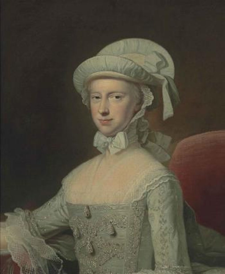 Portrait of a lady, half-length, in a white embroidered lace-trimmed dress and a bonnet, seated in an interior by Thomas Hudson