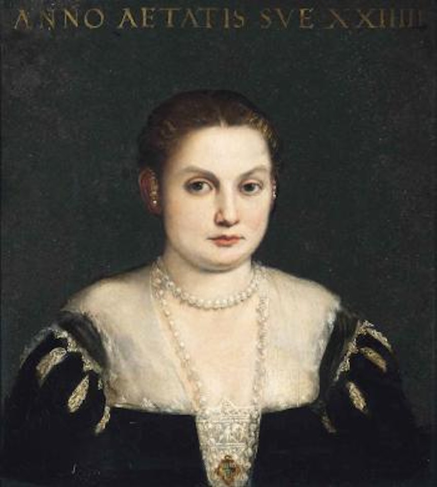 Portrait of a lady, bust-length, in a black slashed dressed with pearl necklaces by Paolo Veronese