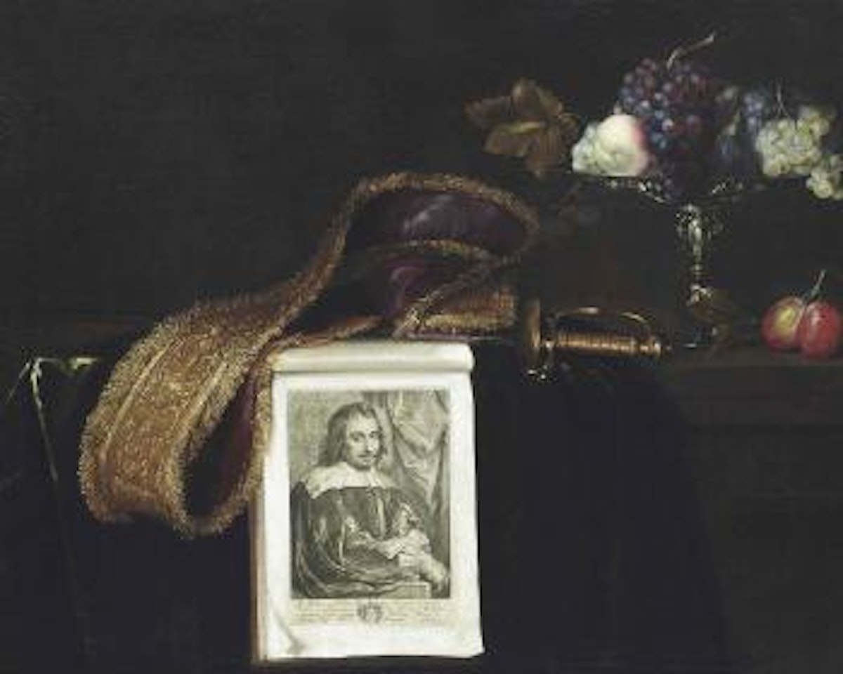 An engraving after a portrait of Balthasar Gerberius (1592-1667), a sash, sword, plums and grapes, an apple and figs in a silver tazza on a partially draped table by French School