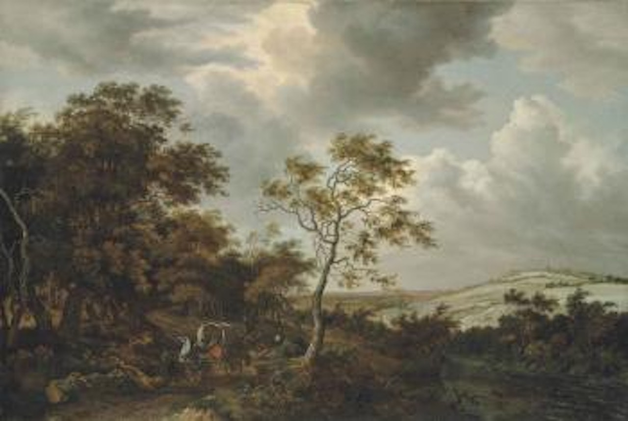 A wooded river landscape with travellers in a wagon being attacked by bandits, a village with a church beyond by Jacob Salomonsz. van Ruysdael