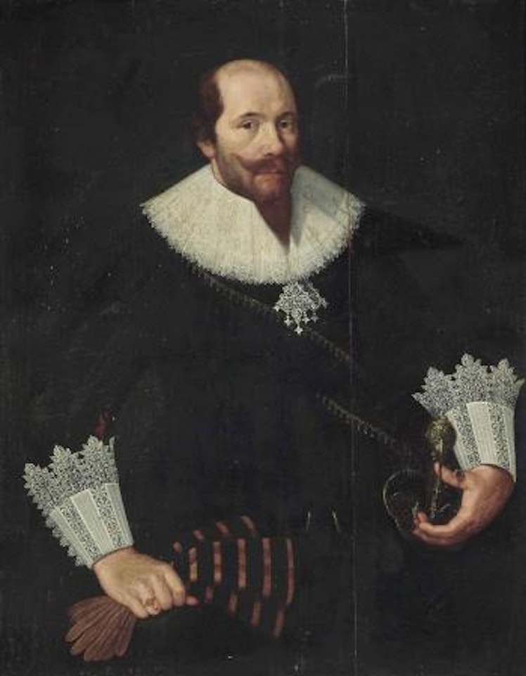 Portrait of a gentleman, half-length, in a black doublet with lace-trimmed ruff and cuffs, his gloves in his right hand, wearing his sword by Dutch School