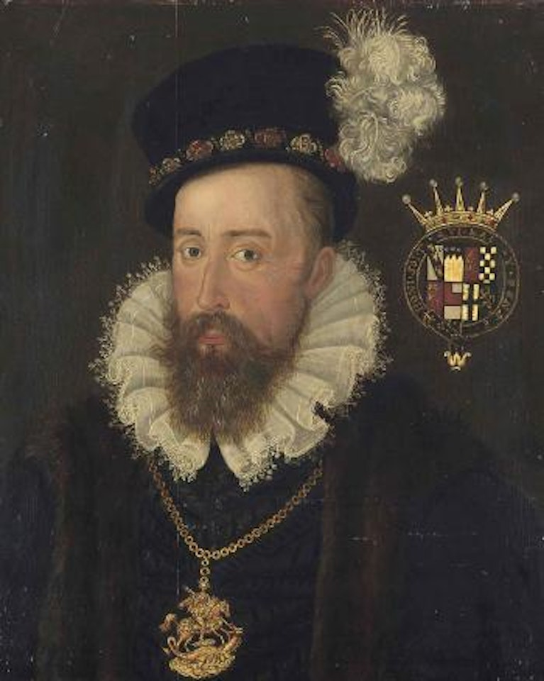 Portrait of Henry Stanley, 4th Earl of Derby, K.G. (1531-1593), bust-length, in a black slashed doublet with a lace-trimmed ruff and a fur-lined coat, wearing the Greater George and a black bejewelled hat with a plume by English School