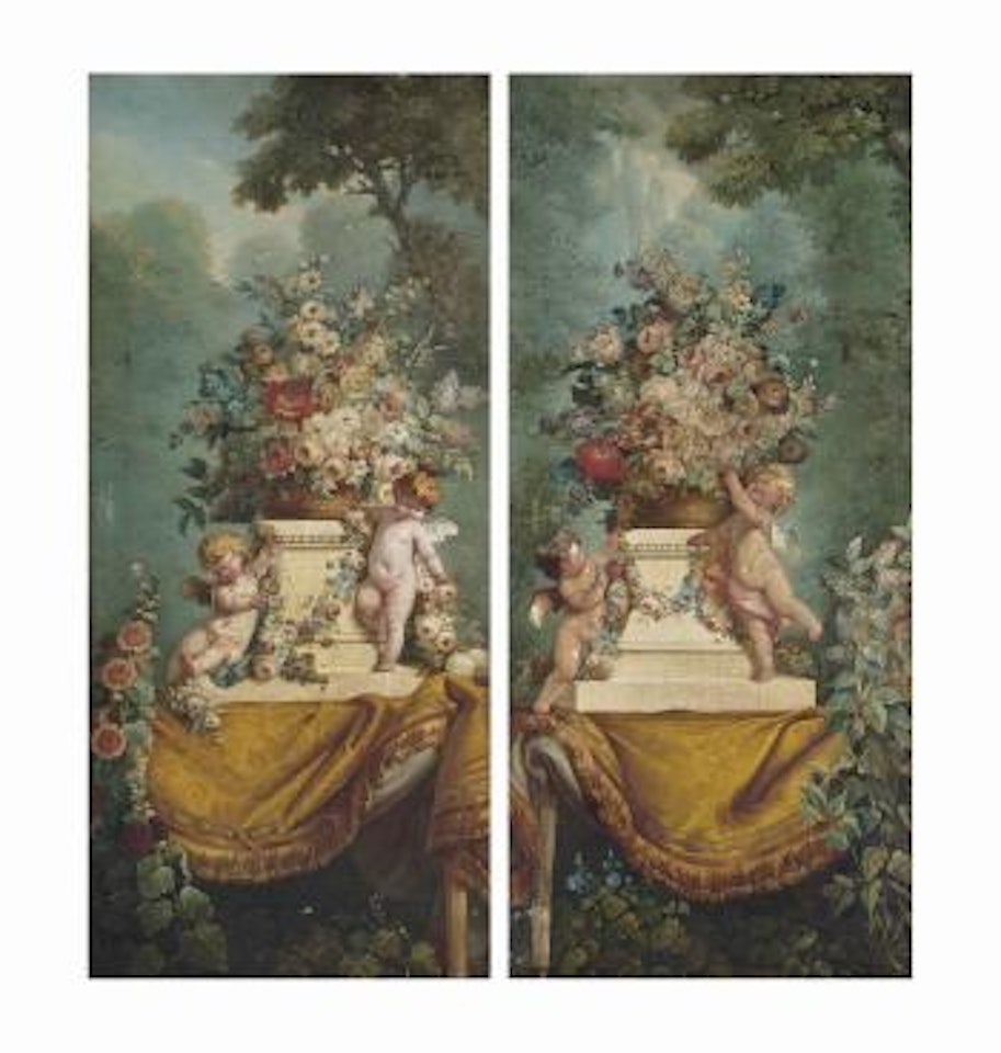 Peonies, carnations, daisies and other flowers in a wicker basket with putti on a draped table in a garden; and Hydrangeas, parrot tulips, peonies, carnations, and other flowers in a wicker basket with putti on a draped table in a garden by French School