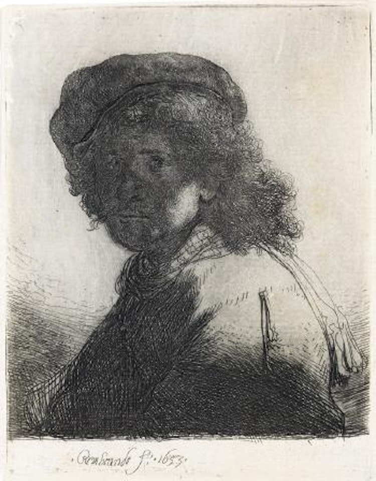 Self Portrait in a Cap and Scarf with The Face Dark: Bust by Attributed to Rembrandt Harmensz van Rijn