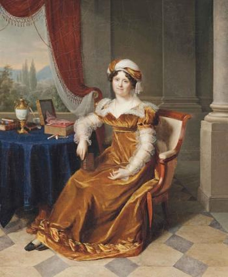 Portrait of a lady, traditionally identified as Julie Masbou, neé Garrigues, full-length, in a golden dress with a turban, in an elegant interior, a landscape beyond by Firmin Massot