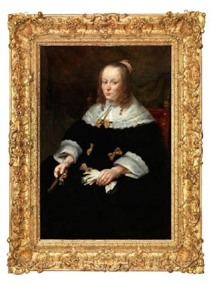 Portrait de jeune femme tenant une paire de gants by Dutch School