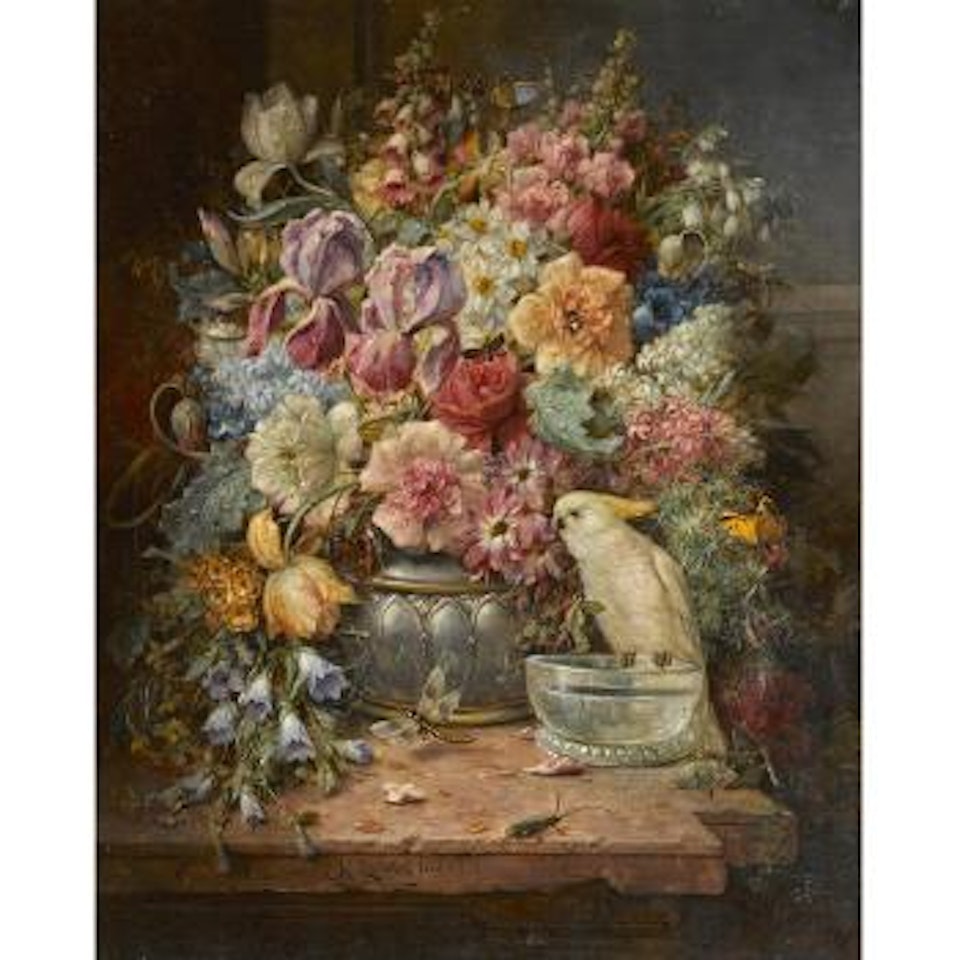 A still life with roses, irises, hollyhocks and other flowers along with butterflies and a cockatoo by Hans Zatzka