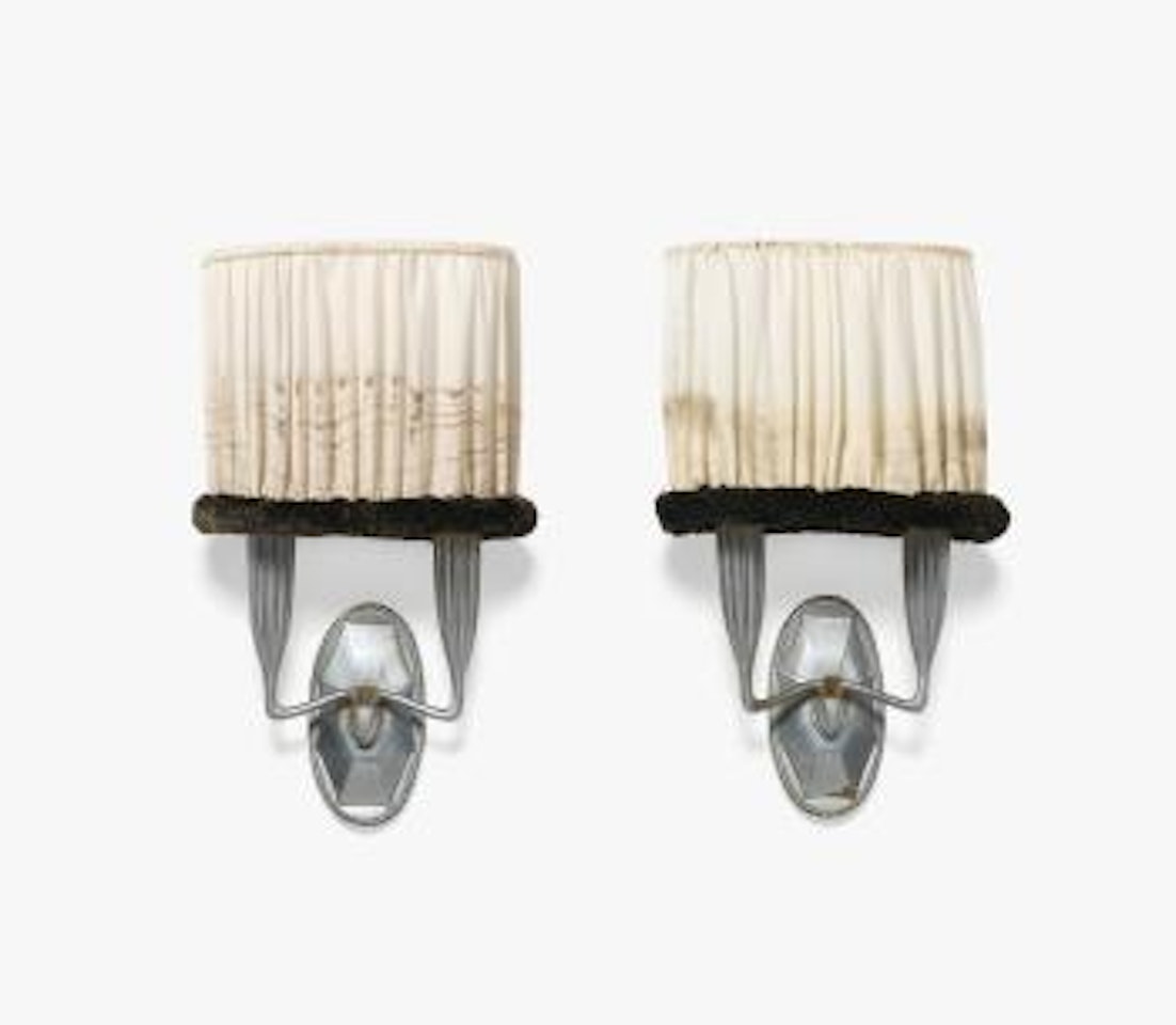 A Pair Of Silvered Bronze Two Branch Wall Sconces With Original Shades by Emile-Jacques Ruhlmann