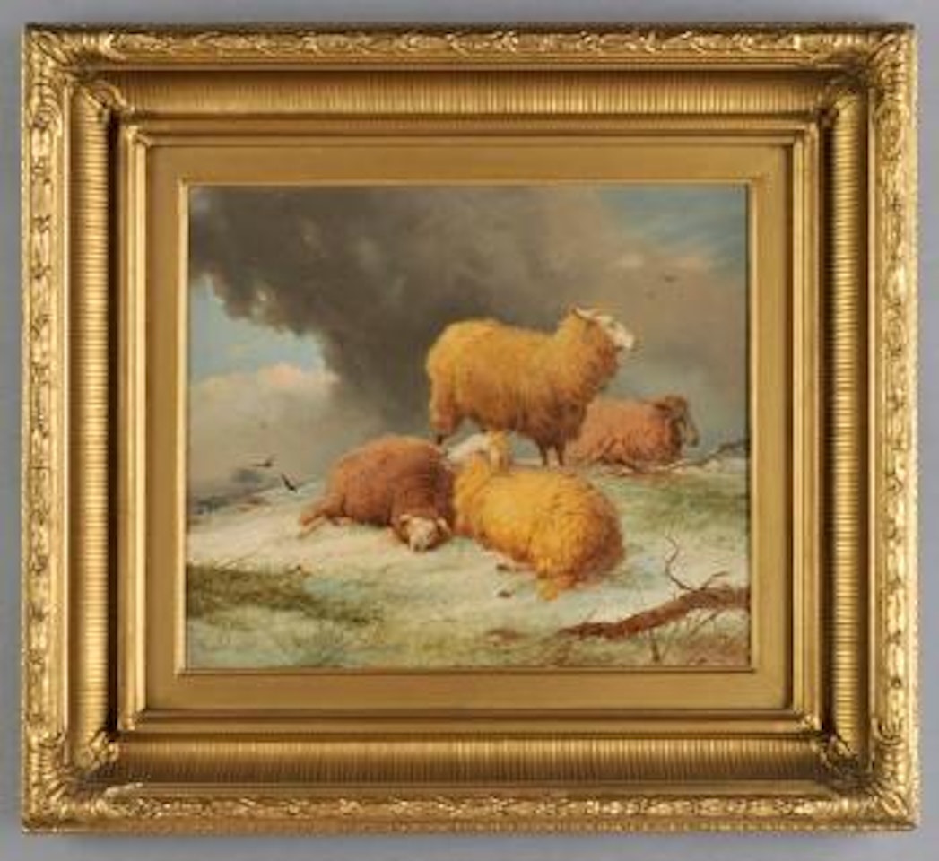 Sheep on a snowy hillside by Thomas Sidney Cooper
