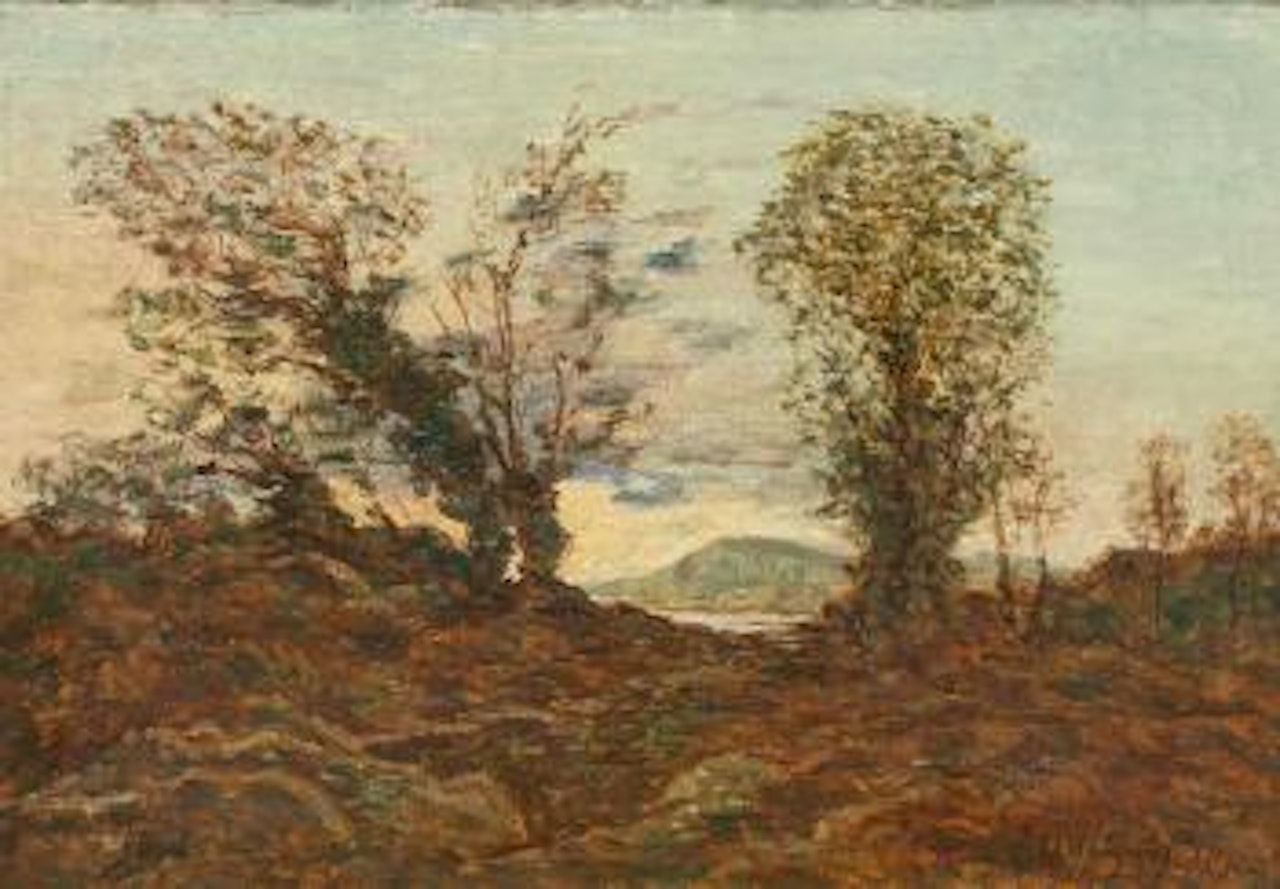 Herbstliche Landschaft mit Flusslauf und Gebirgshorizont by Henri Harpignies