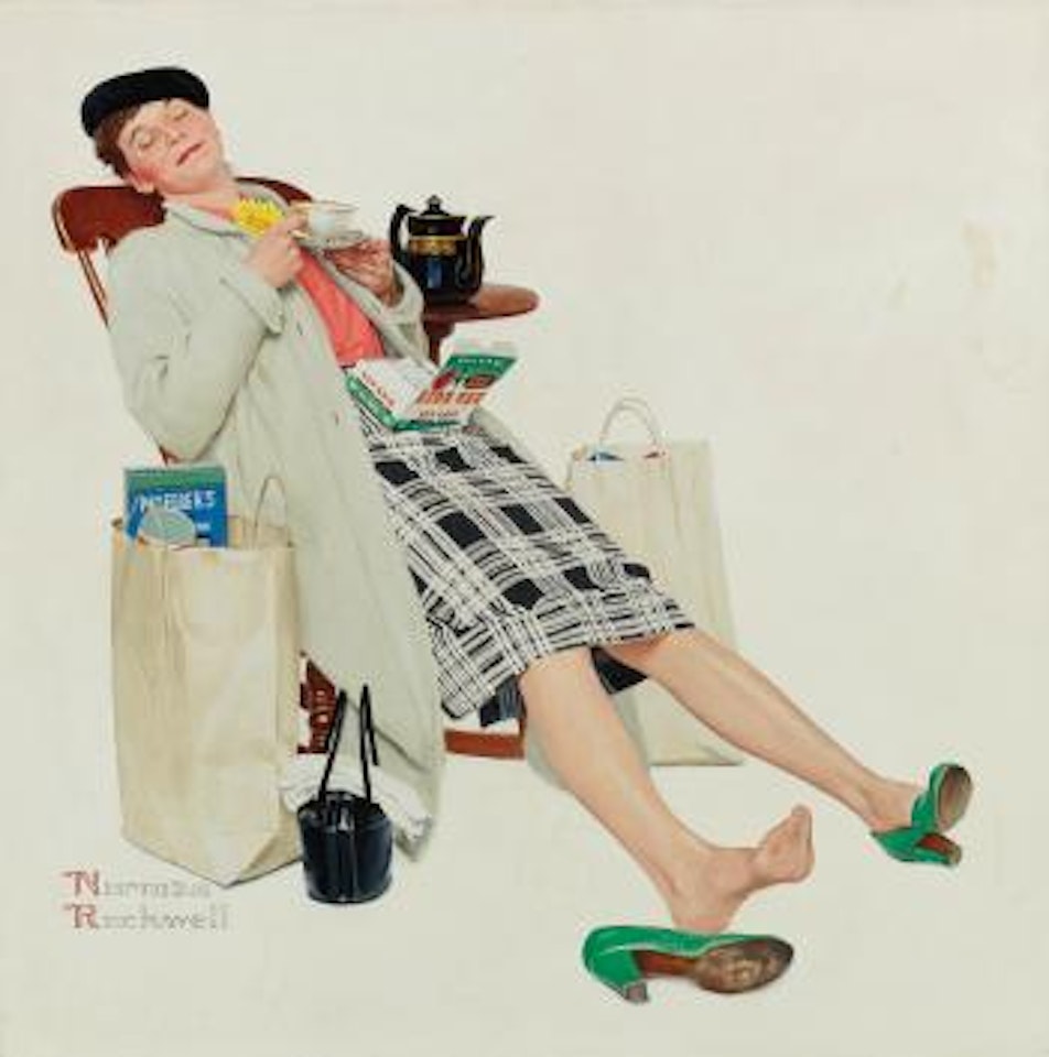 Woman Relaxing with Tea after Shopping by Norman Rockwell
