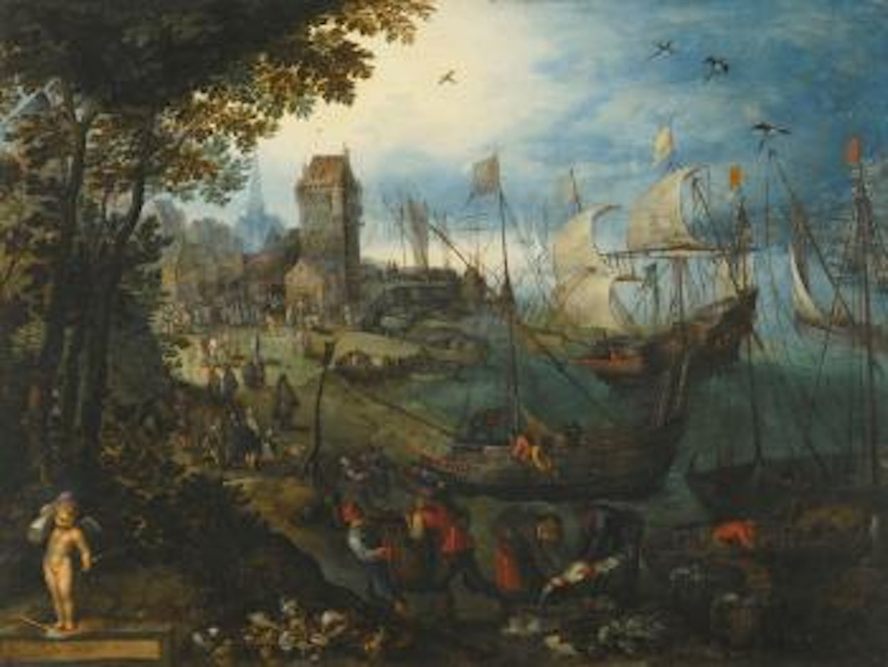 River Landscape With Numerous Ships Bringing their Catch into A Town by Jan Brueghel the Younger