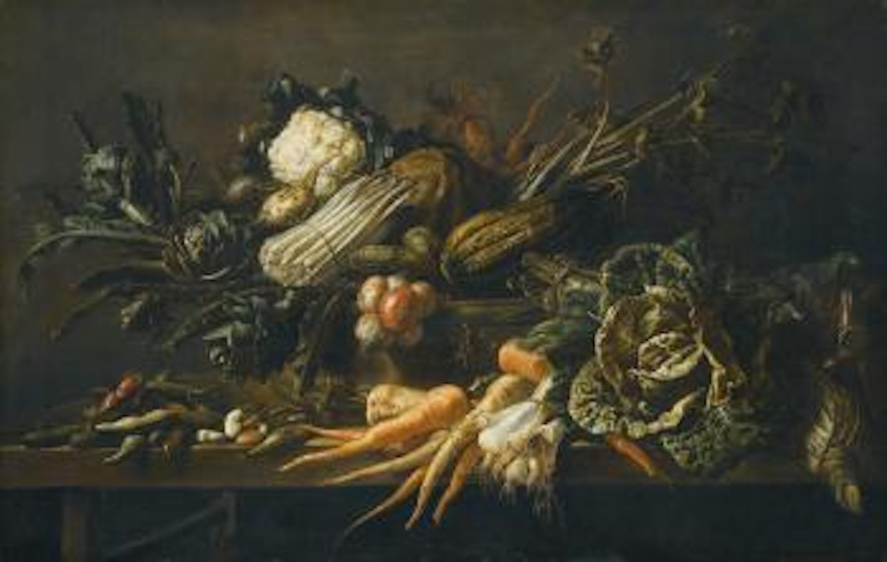 Still Life of Artichoke, Asparagus, Green Cabbage, Onion, Beans, Carrots and Other Vegetables, All Upon A Wooden Bench by Adriaen van Utrecht