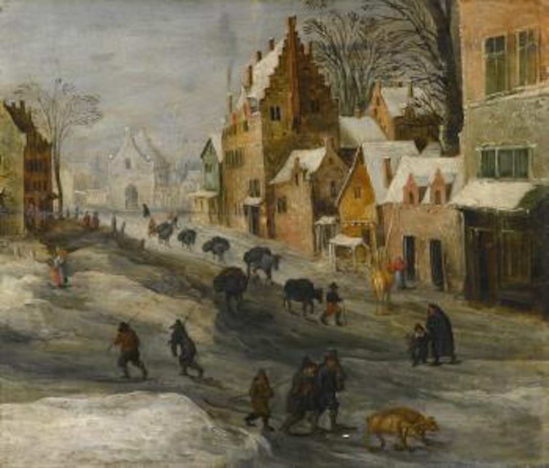 Winter Landscape With A Caravan of Pack Donkeys Passing Through A Town, Two Farmers and Their Pigs in The Foreground by Joos de Momper the Younger