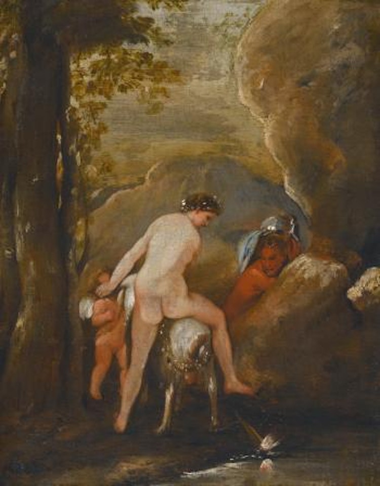 A Nymph on The Back of A Goat With Pan and Cupid Looking On by Roman School
