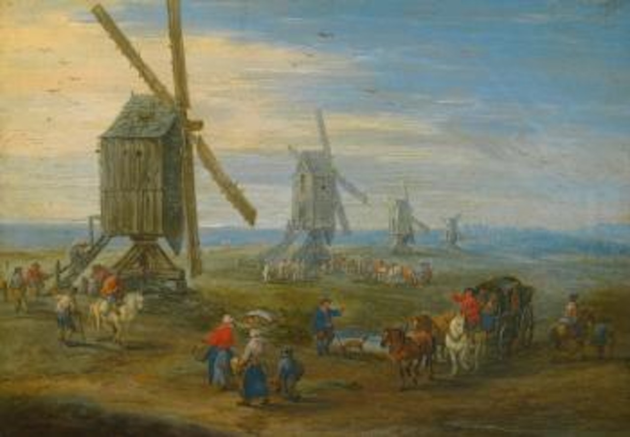 Landscape With A Row of Working Windmills, Figures on Foot, on Horseback and in Carts, A Town in The Distance by Jan Brueghel the Younger