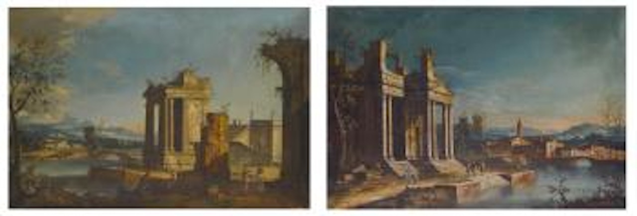 Architectural Capriccio With Two Women and A Child in The Foreground; Architectural Capriccio With Figures By The Water by Apollonio Domenichini