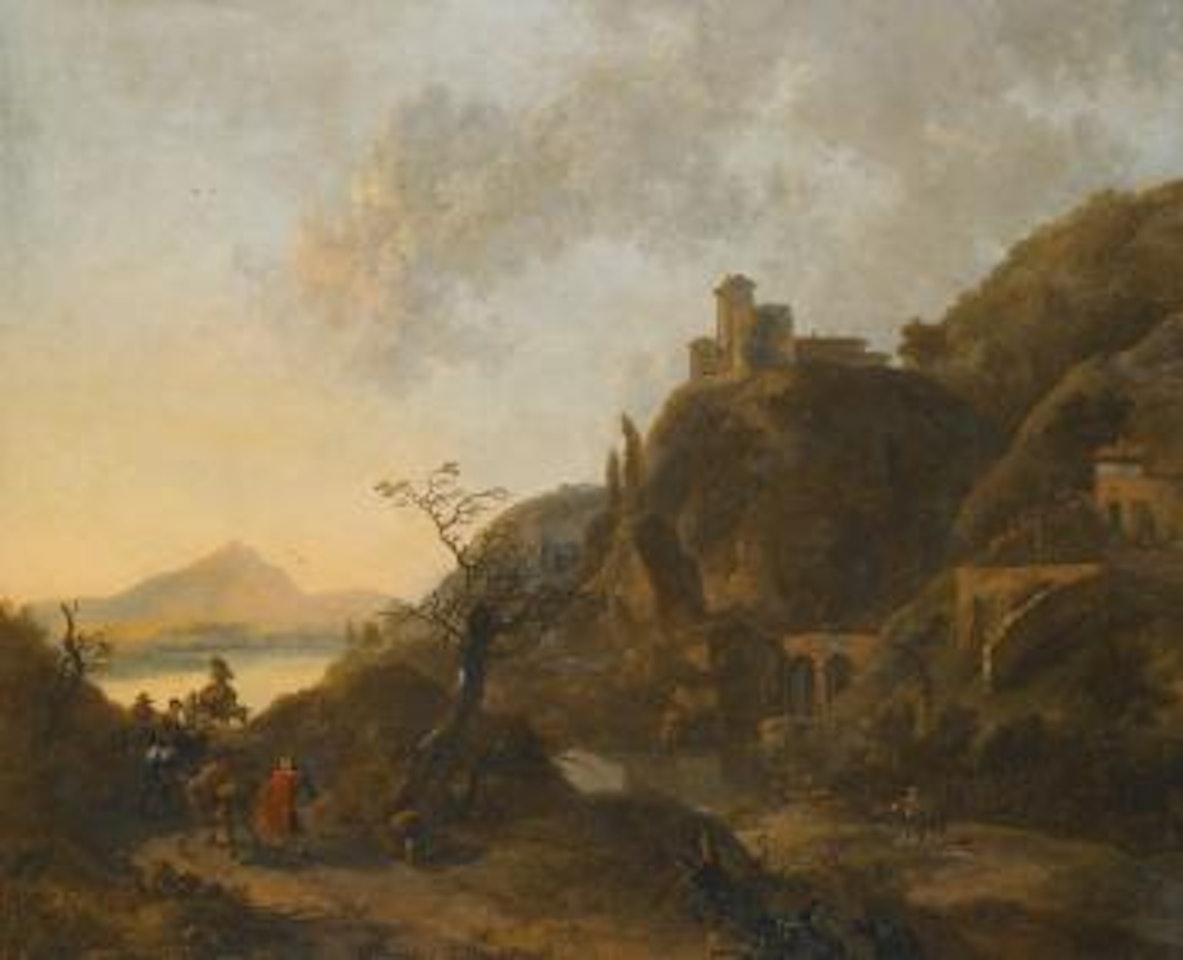 Italianate Rocky Landscape By The Sea With A Fortification, A Stone Bridge and A Ruined Wall, Figures Travelling on Donkeyback and on Foot in The Foreground by Jan Both