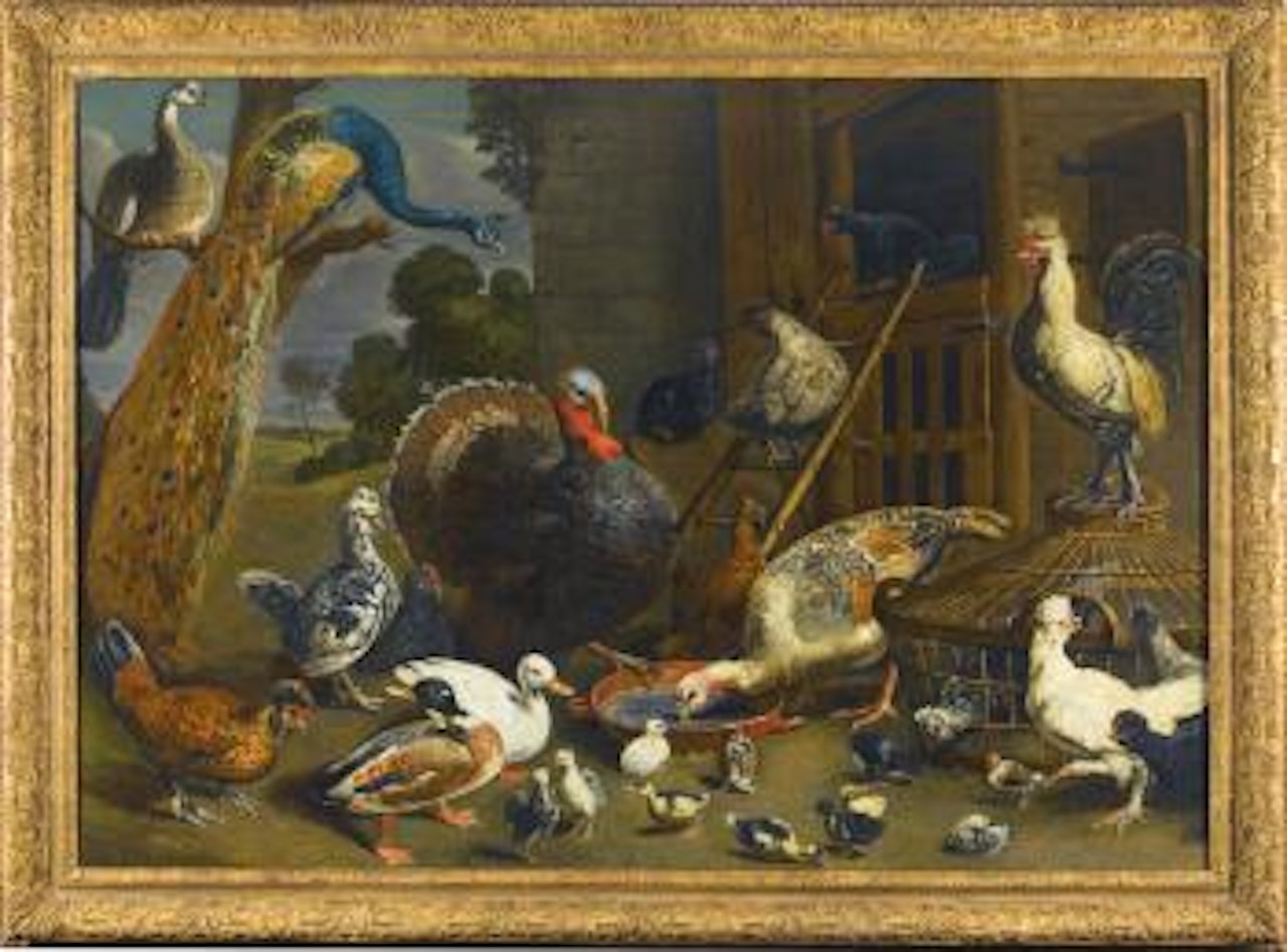 A Variety of Birds Including A Peacock, Turkey, Chickens, and Ducks With Their Young Drinking, Playing and Pecking About in A Yard by Adriaen van Utrecht