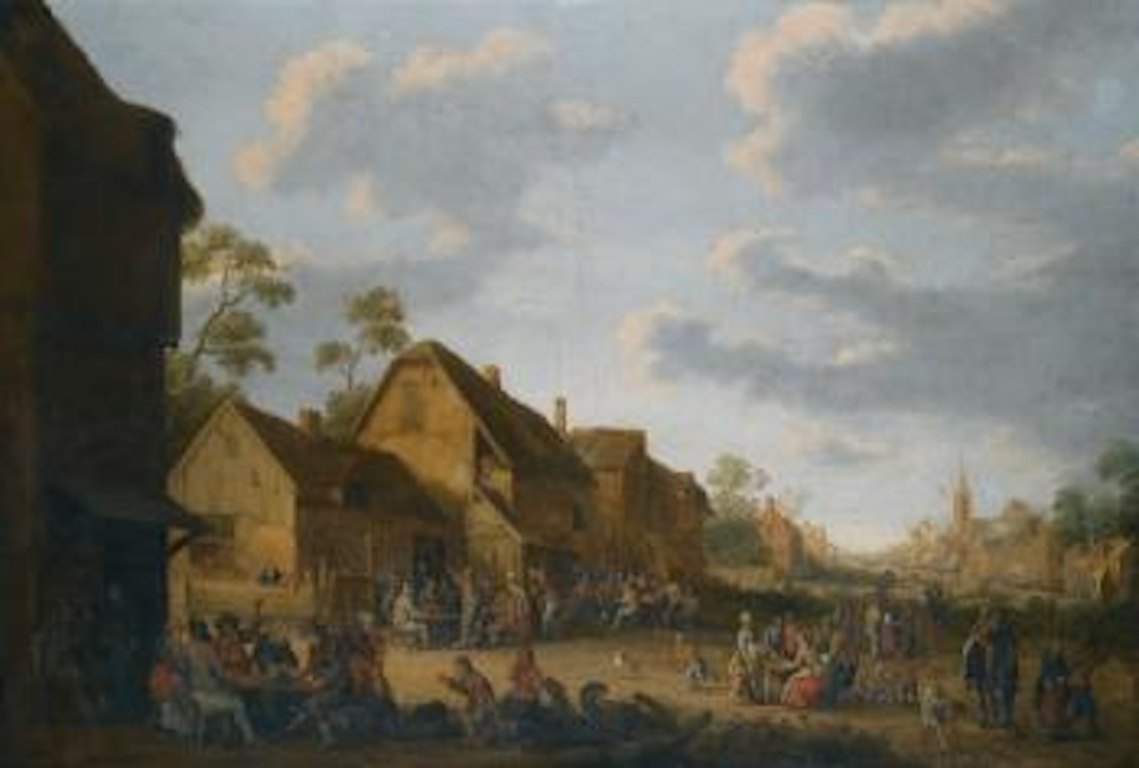 Village Street With Peasants Carousing Outside An Inn by Joost Cornelisz Droochsloot