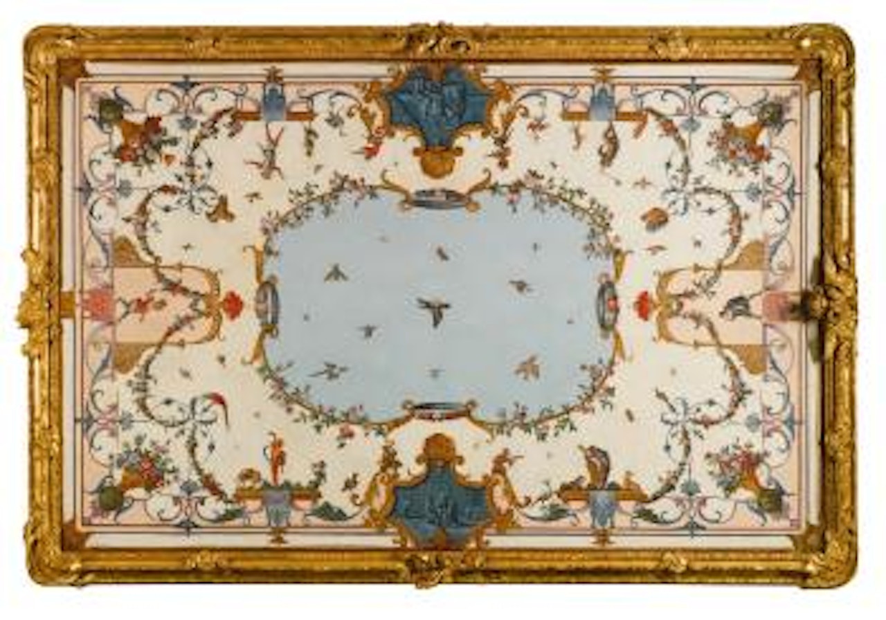 Ceiling Painting With Scenes of Music, Dance, Singerie, Prostitution and Jesting, With Garlands of Flowers, Birds and Insects, All Around A Trompe L'Oeil Opening To The Sky by French School