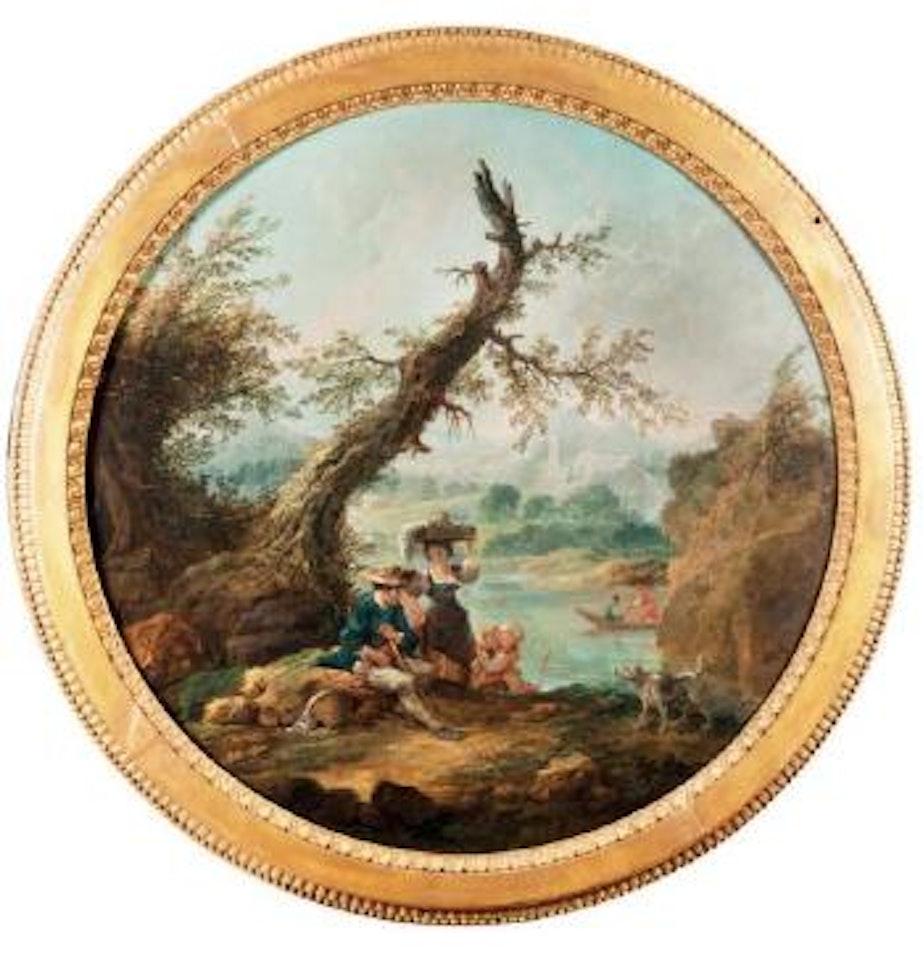La lavandière et le berger près d'un étang by Hubert Robert