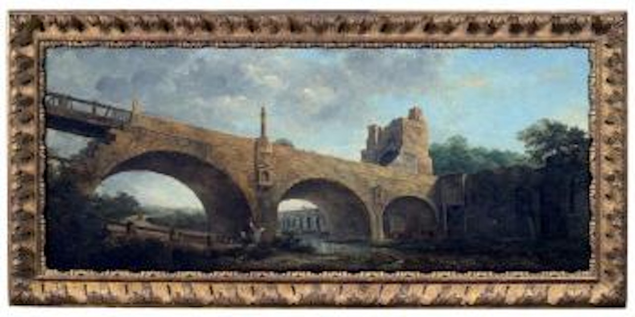 Pont surmonté d'une tour en ruines by Hubert Robert