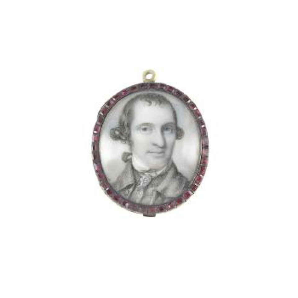 A Gentleman, wearing grey coat, with matching waistcoat, white frilled chemise and stock, his powdered wig worn en queue by Richard Cosway