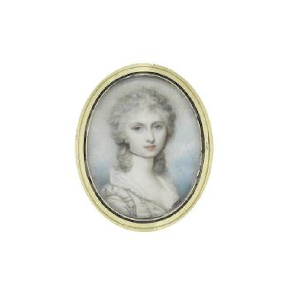 Miss Lucken Crawford (c.1767 - after 1806), wearing white dress with lace trim and pearls to her bodice, a fine black chocker at her neck, her powdered hair curled partially upswept with a light blue bandeau by Richard Cosway