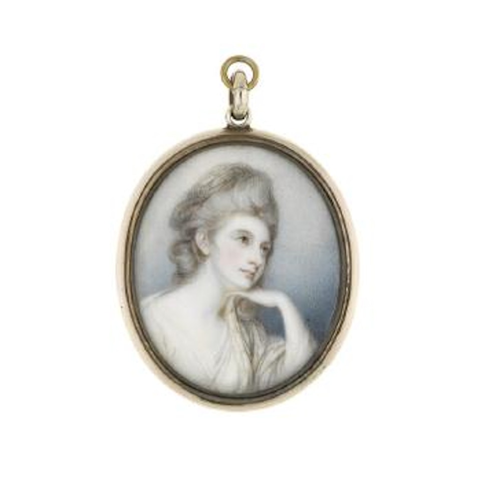 An actress, wearing white dress and stole, her head resting on her left hand and tilted to the right, her powdered hair partially upswept by Richard Cosway