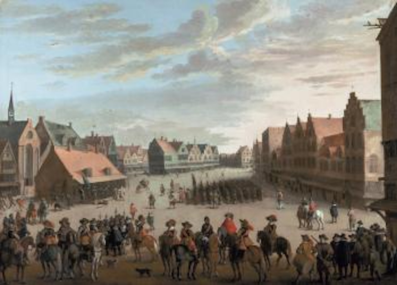 De afdanking van de waardgelders op de Neude te Utrecht op 31 juli 1618 by Joost Cornelisz Droochsloot
