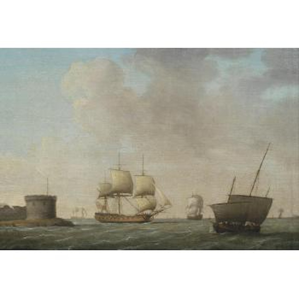 A frigate passing a crowded revenue lugger, in congested waters off Portsmouth harbour by Francis Swaine