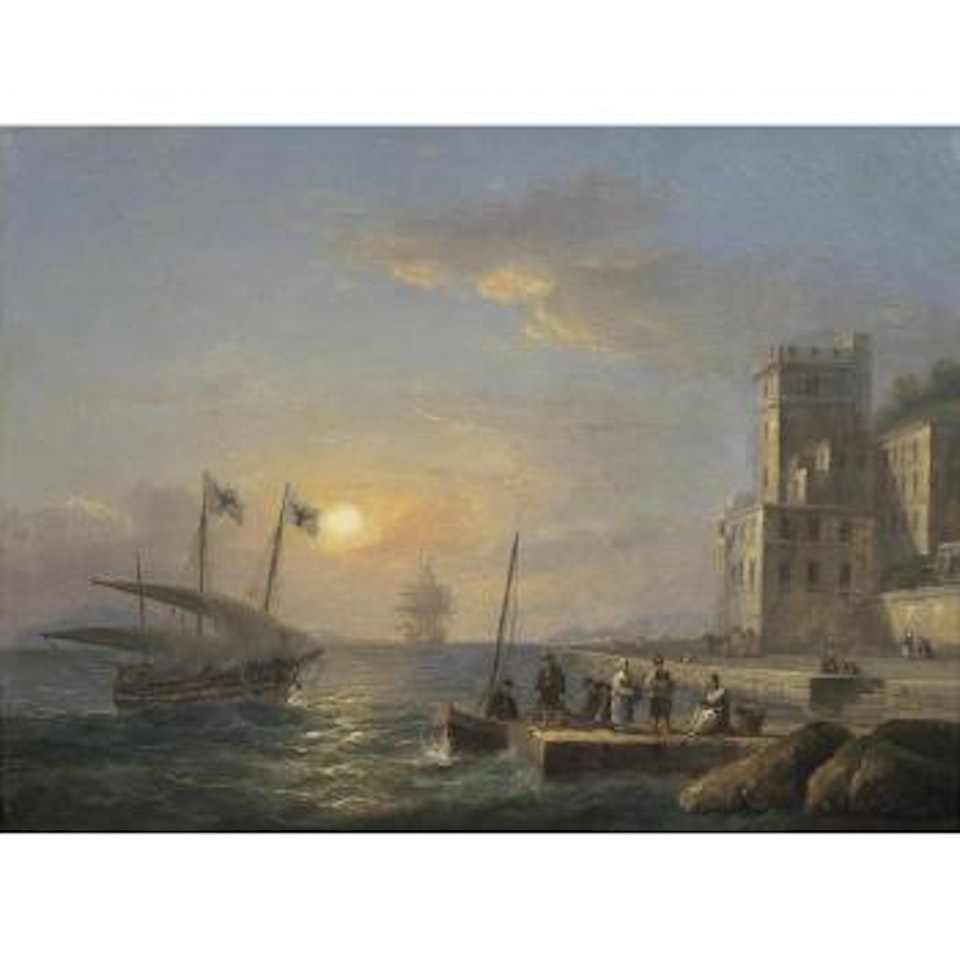 A Mediterranean xebec flying Messina flags and shortening sail as she approaches the quayside at her home port, with a view of the Straits of Messina beyond by Thomas Luny