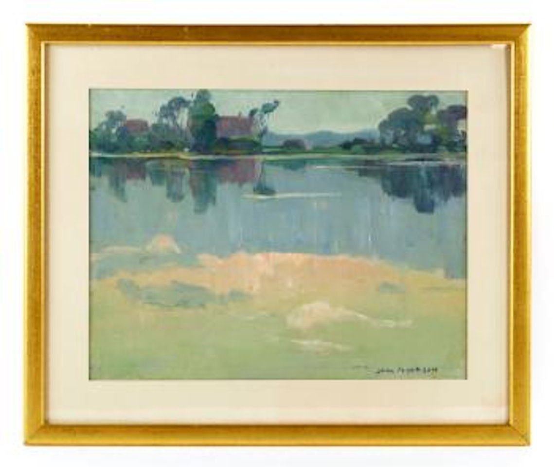 View of pond with trees and distant mountains by Jane Peterson