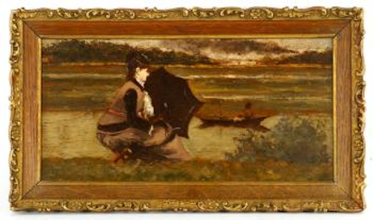 Woman with umbrella by river by Alfred Stevens