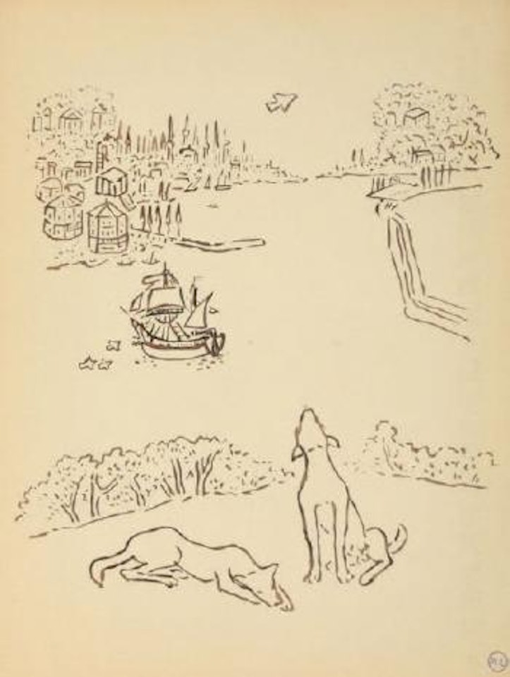 Sans titre (bord de mer, bateaux, chiens dans un paysage) by Mikhail Larionov
