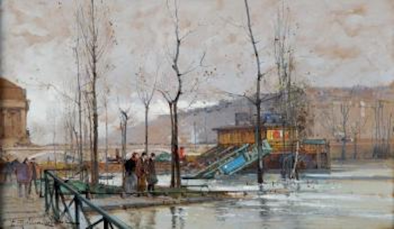 La crue de la Seine, quai de L'Hotel de Ville by Eugene Galien-Laloue