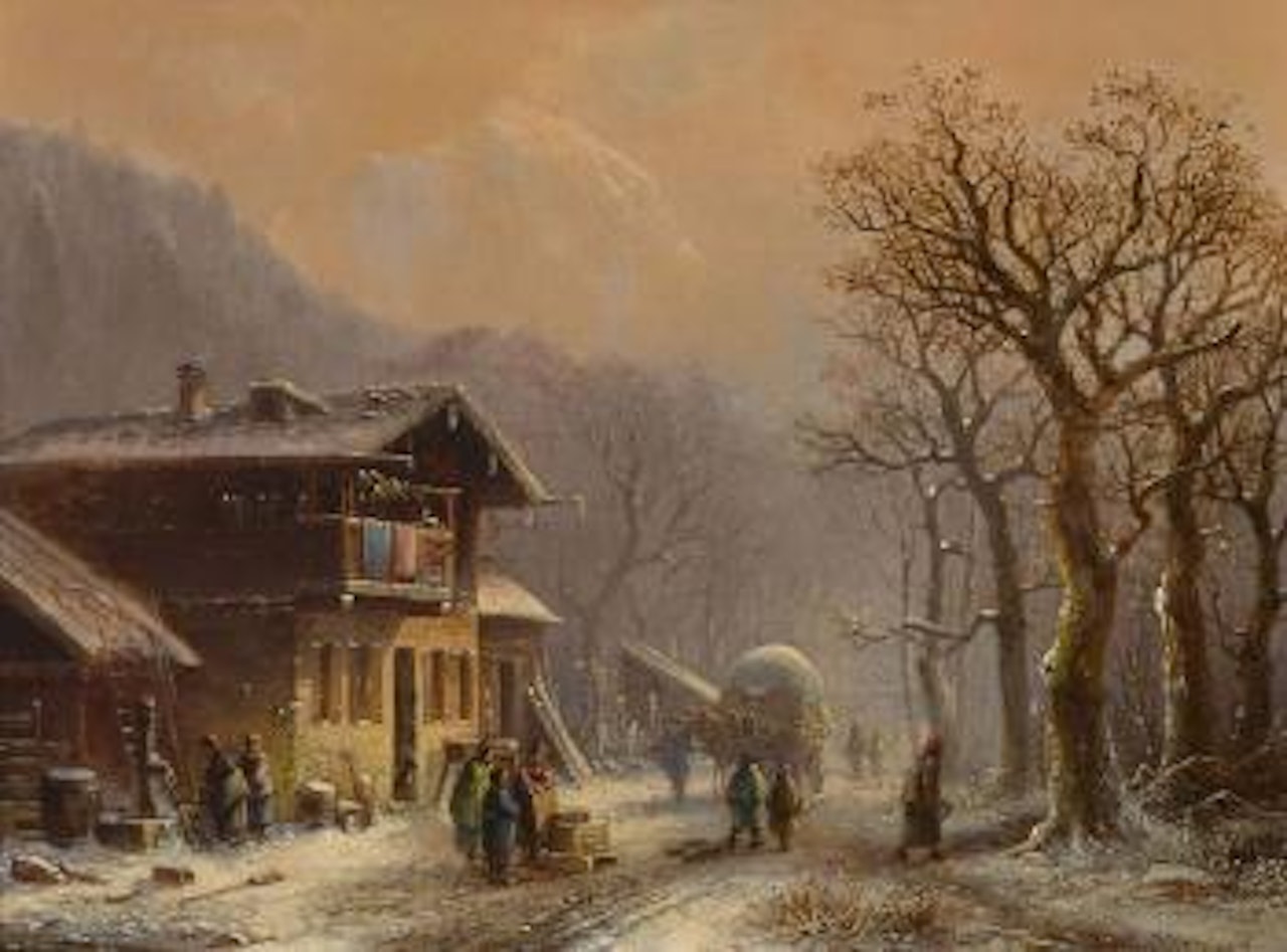 Winterliche Dorfstraße mit Fuhrwerk by Anton Doll