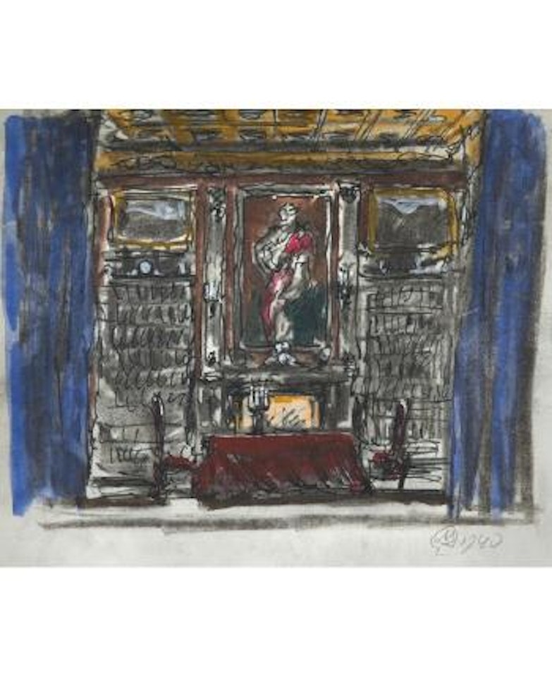 An interior sketch with blue curtains by Mstislav Valerianovich Dobuzhinsky