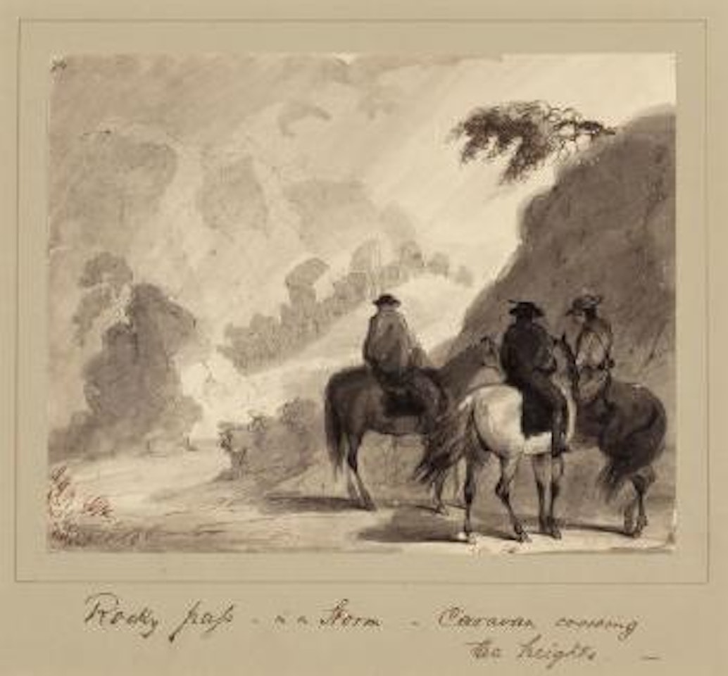 Rocky pass in a storm, Caravan crossing the heights by Alfred Jacob Miller