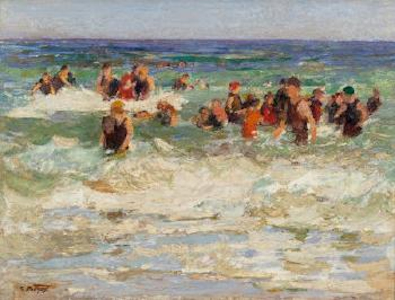 Swimming lesson in the surf by Edward Henry Potthast