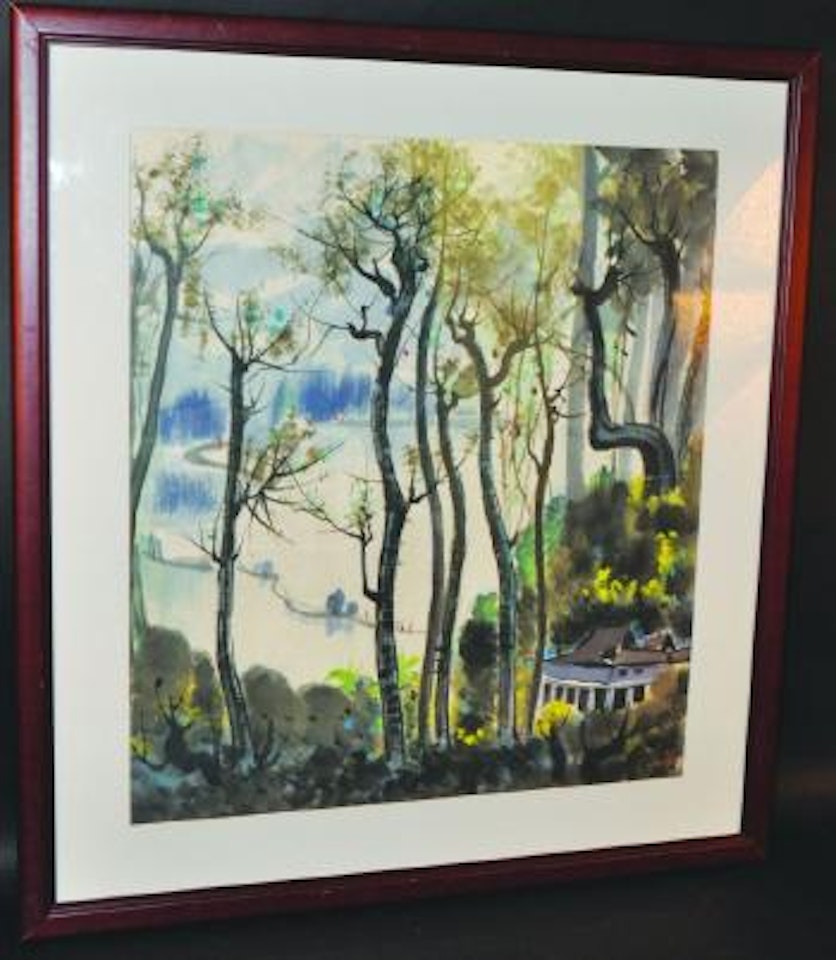 A river landscape setting by Wu Guanzhong
