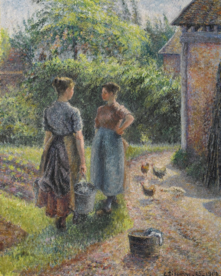 PAYSANNES CAUSANT DANS LA COUR D'UNE FERME, ÉRAGNY by Camille Pissarro