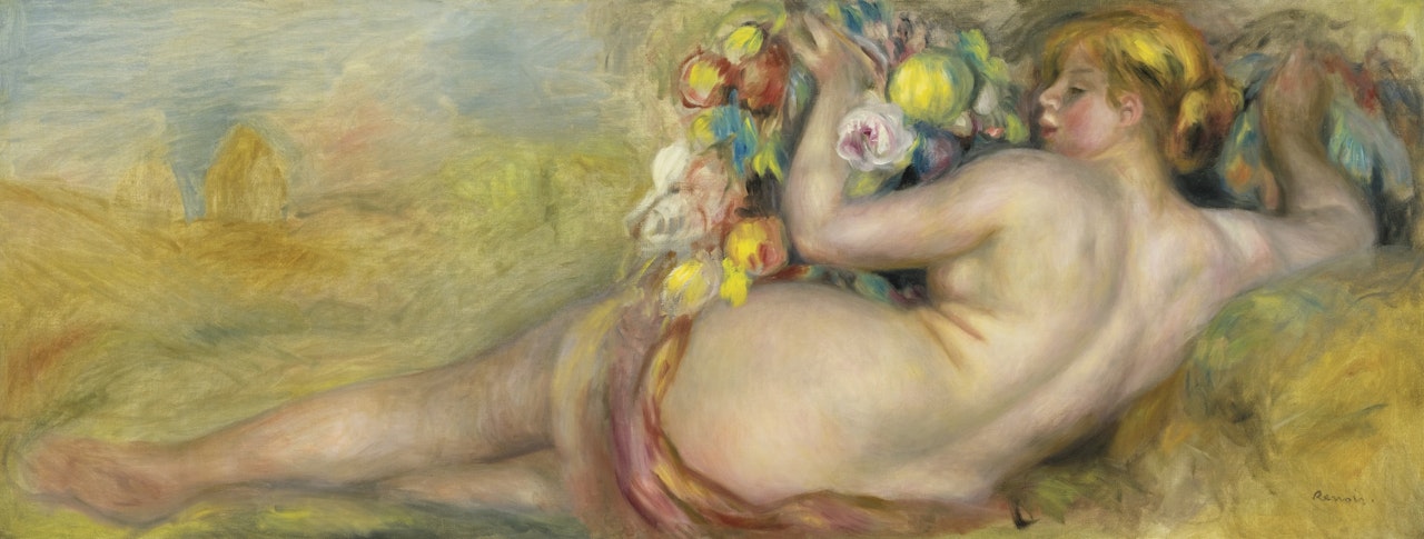 FEMME NUE COUCHÃÂE SOUTENANT DES FRUITS by Pierre-Auguste Renoir