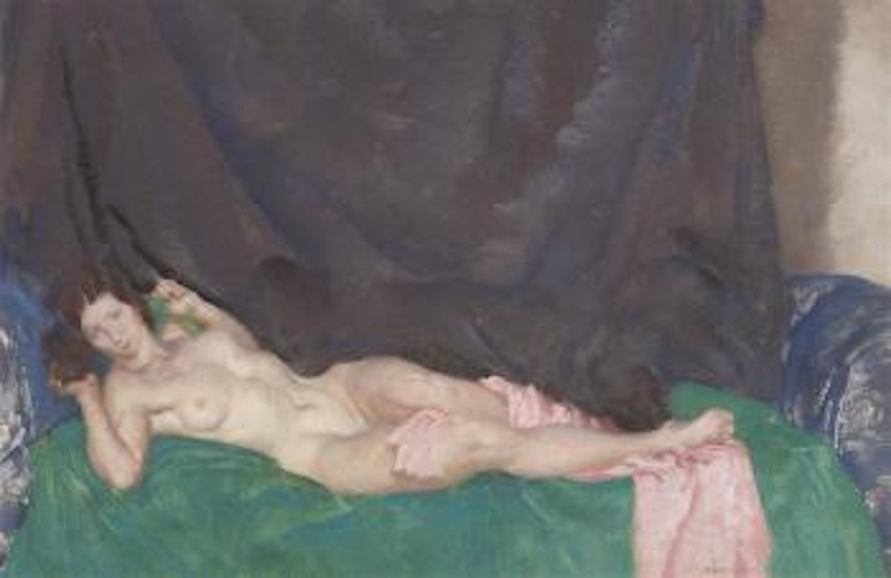 Nude on green drapes by William Russell Flint