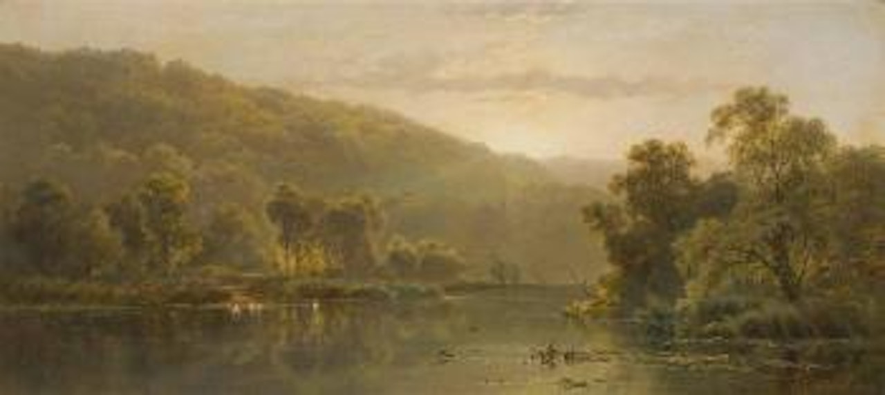 Sunrise on the river bank by Alfred de Breanski