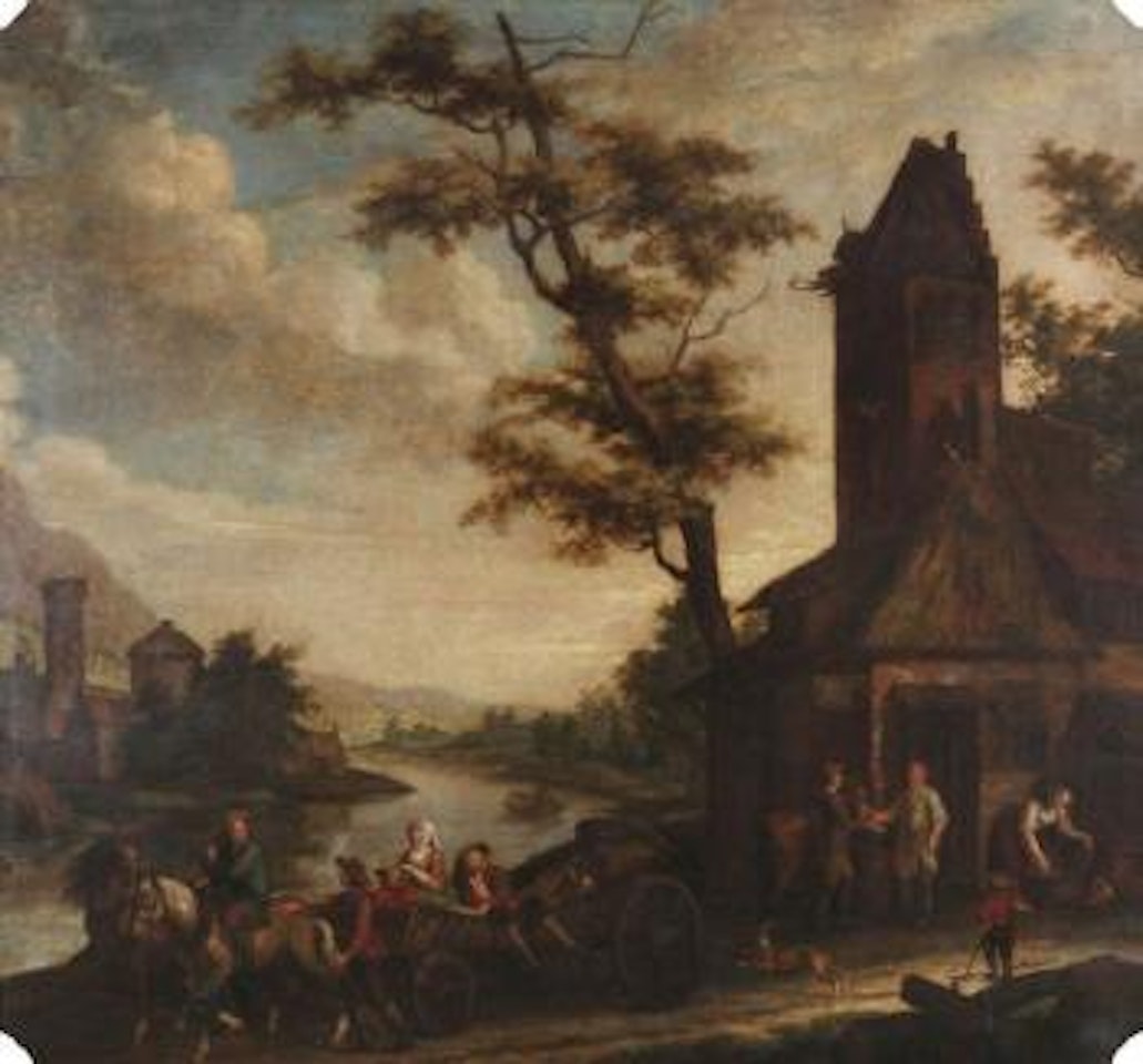 Paysage aquatique avec marchands près de l'auberge by Flemish School