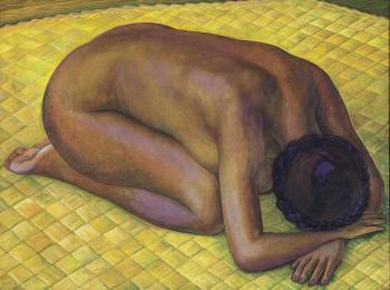 Nieves desnuda de rodillas sobre un petate by Diego Rivera